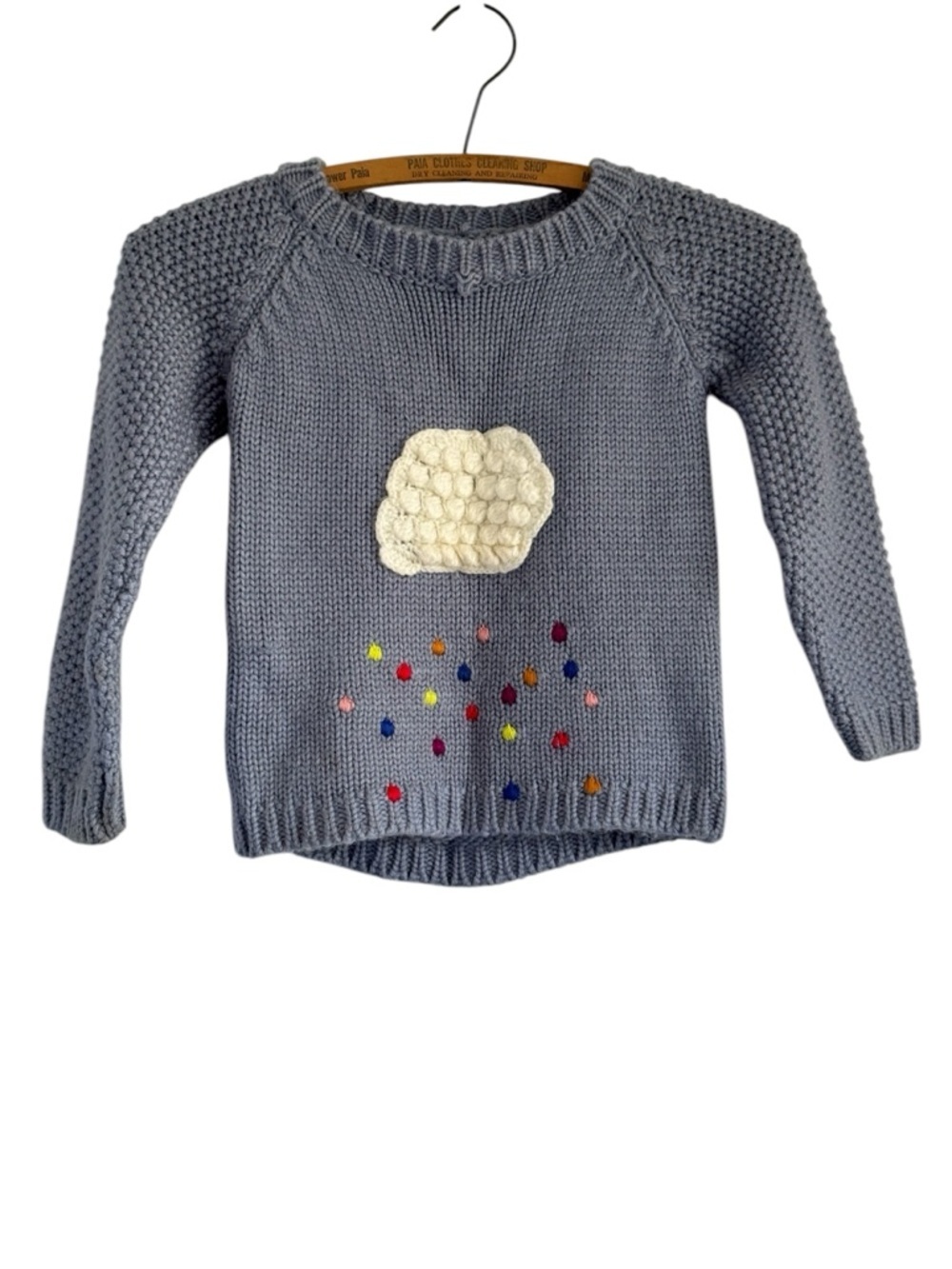 Multi Textured Grey Knit Sweater with Cloud and Colorful Raindrops Size 2